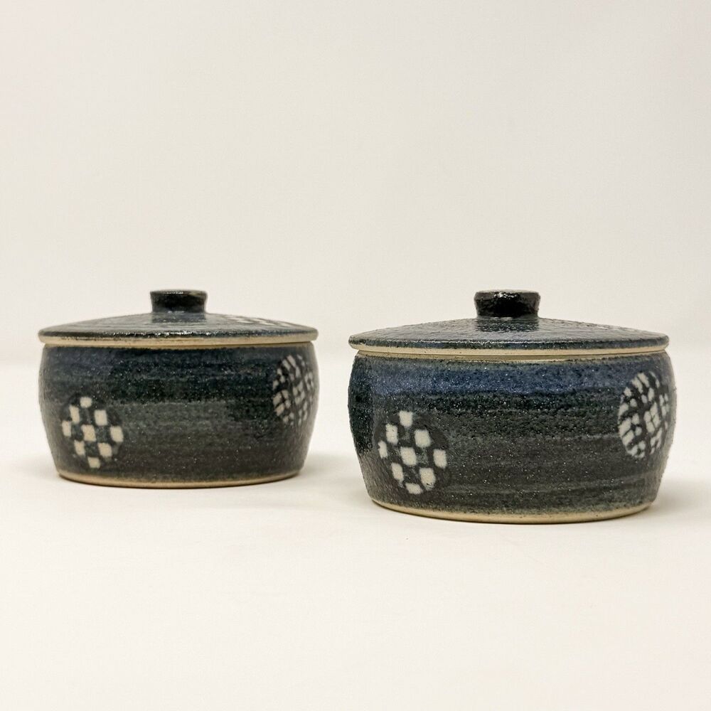 Vintage Studio Pottery Lidded Bowls Set Blue Speckled Handmade Ceramic